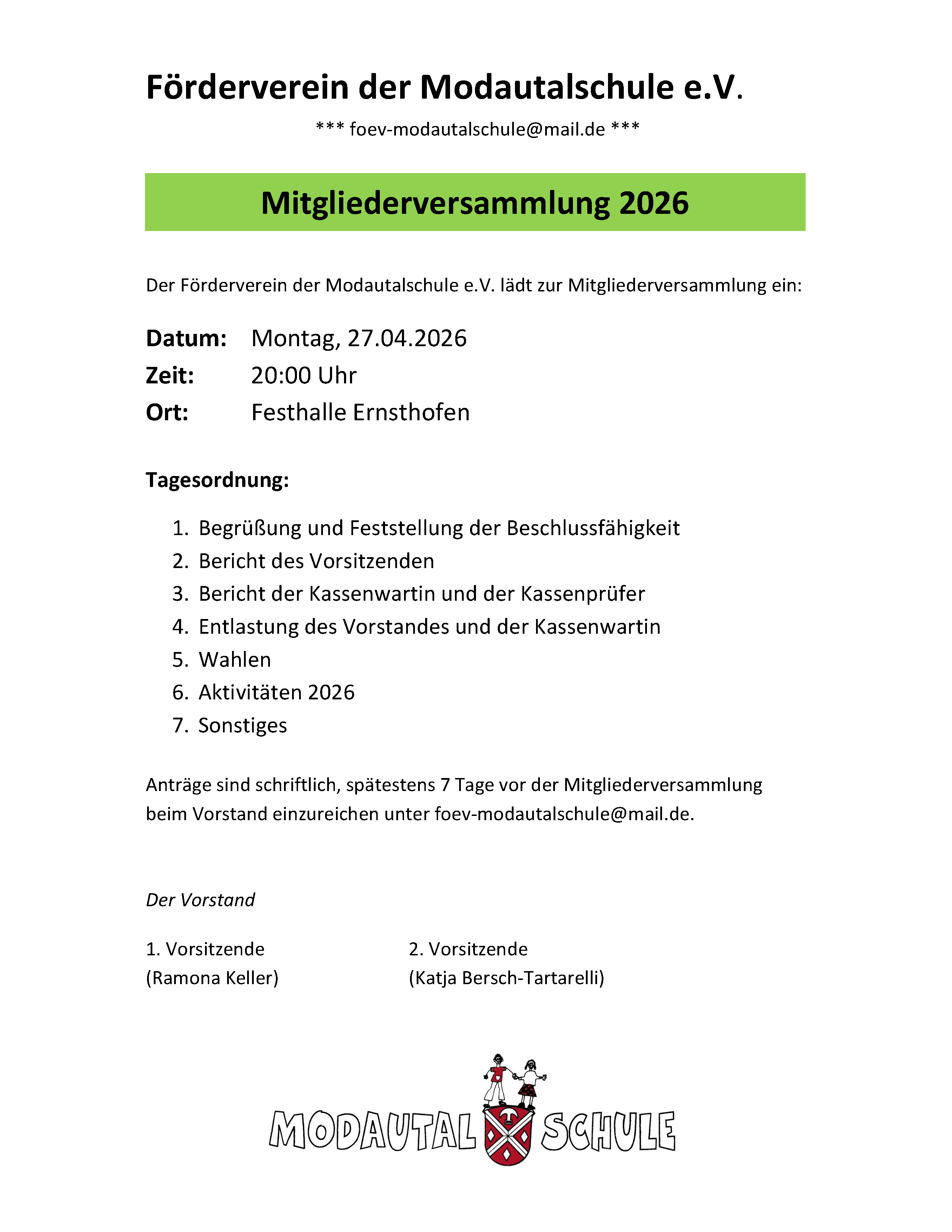 Einladung Mitgliederversammlung Förderverein